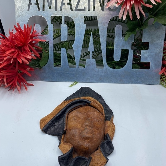 Leather Mask Face Vintage African Tribal Decorative Wall Hanging Art Set of 2 - Picture 5 of 12